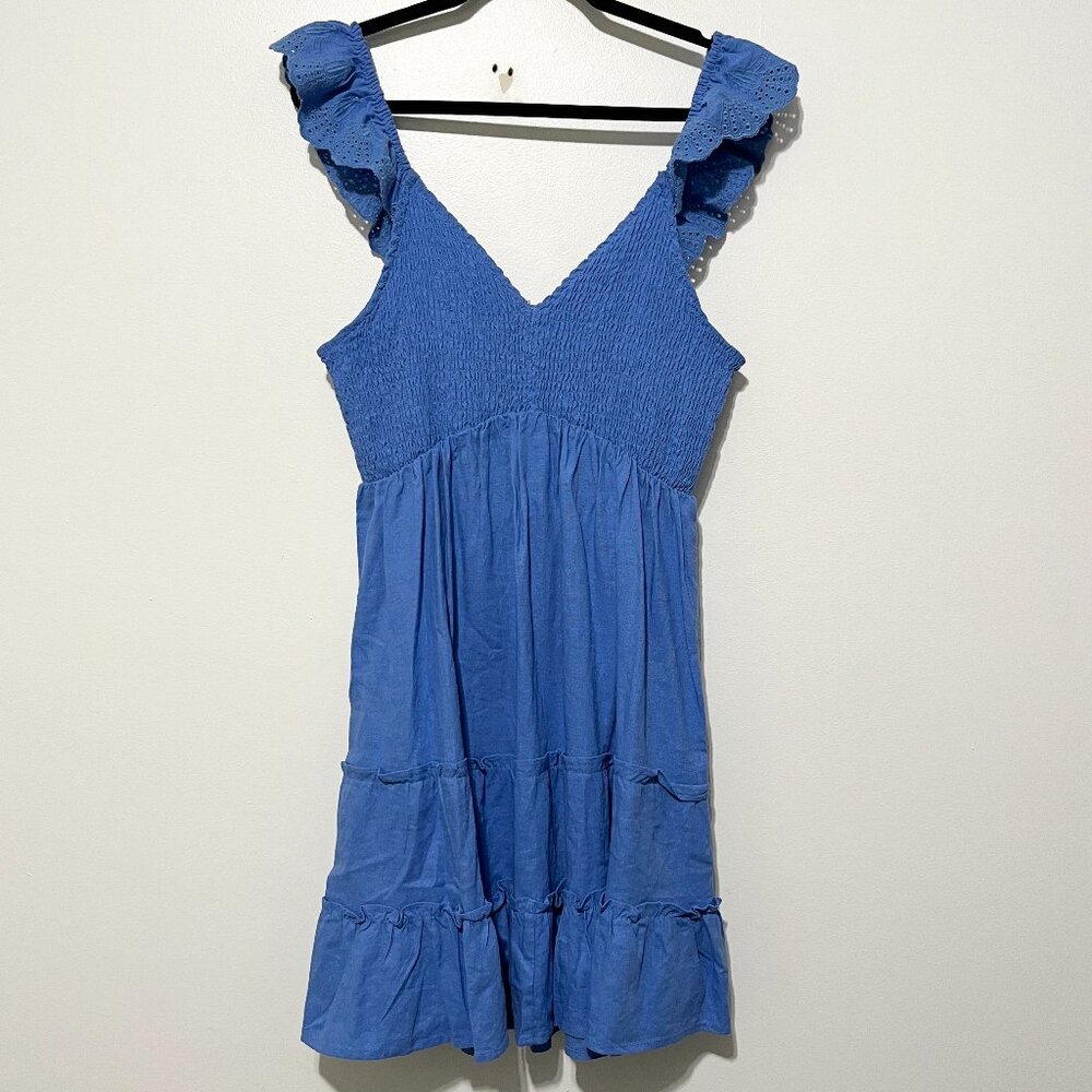 Womens Mini Babydoll Dress Linen Blend L Blue Tiered Milkmaid Cottagecore Boho